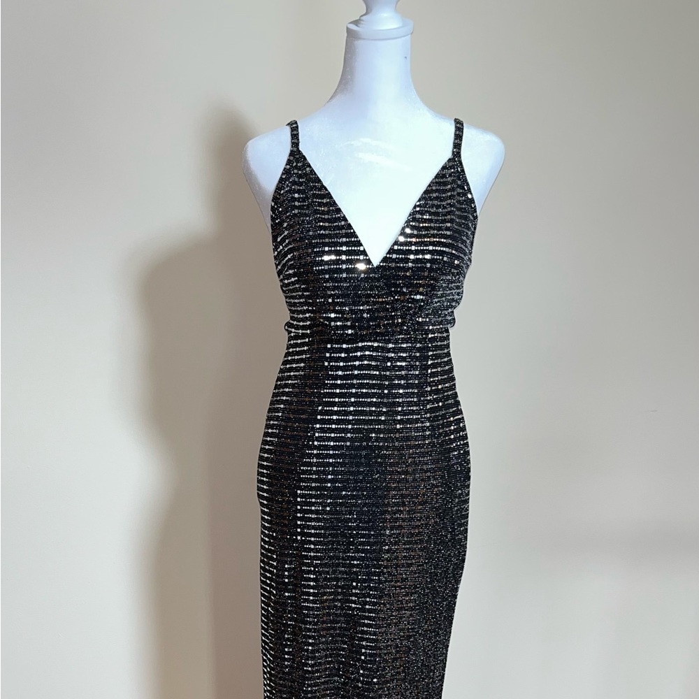 Floor length black and silver dress
